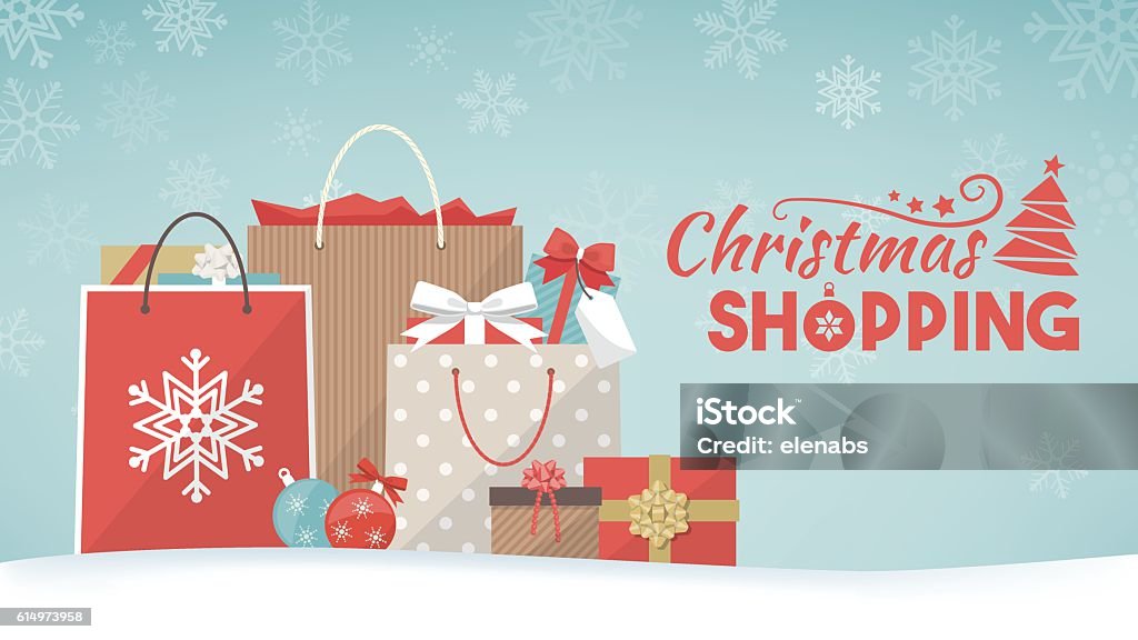 Christmas gifts and shopping bags Colorful christmas gifts, shopping bags and decorations on the snow, xmas shopping concept banner Christmas stock vector
