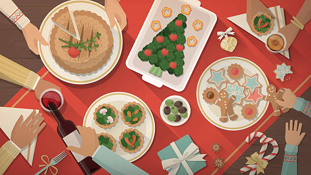 ilustrações de stock, clip art, desenhos animados e ícones de jantar de natal - dinner friends christmas