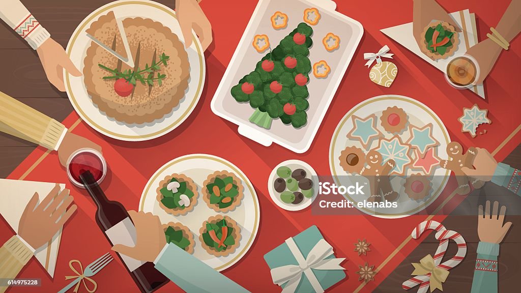 Christmas dinner Happy family having Christmas dinner and eating delicious vegan food, celebration and holiday banner, top view Christmas stock vector