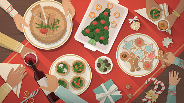 Christmas dinner Happy family having Christmas dinner and eating delicious vegan food, celebration and holiday banner, top view winter food top view stock illustrations