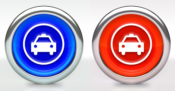 Taxi Sign Icon on Button with Metallic Rim. The icon comes in two versions blue and red and has a shiny metallic rim. The buttons have a slight shadow and are on a white background. The modern look of the buttons is very clean and will work perfectly for websites and mobile aps.
