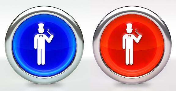 Magician Icon on Button with Metallic Rim. The icon comes in two versions blue and red and has a shiny metallic rim. The buttons have a slight shadow and are on a white background. The modern look of the buttons is very clean and will work perfectly for websites and mobile aps.