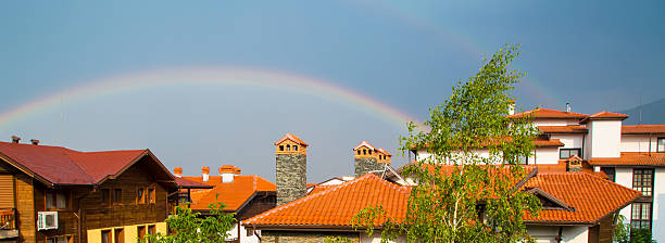 istock Vibrant Rainbow behind the roofs and trees 614975752