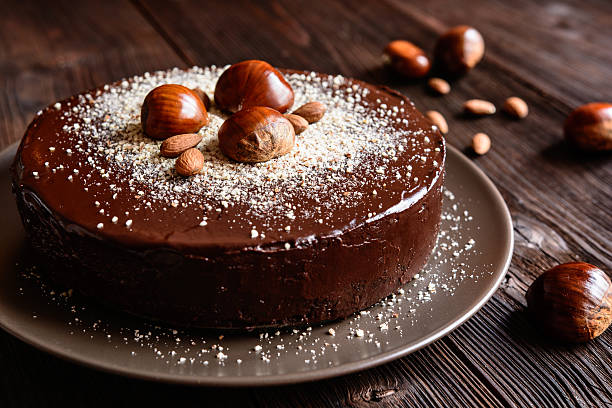 chestnut cake with almonds and chocolate - cake chocolate cake chocolate gateaux imagens e fotografias de stock