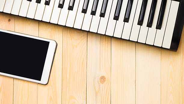 istock Musical keyboard with tablet on wooden background 614977490