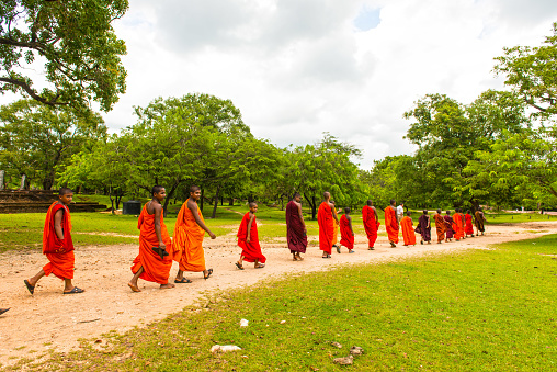 Anuradhapura, Sri Lanka - February 24, 2015: Small group of budhist monks walking in line in park between old ruins in Ruwanwelisaya Chedi in the sacred city of Anuradhapura. 