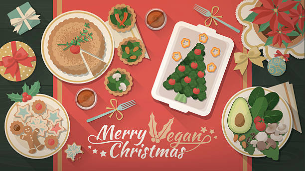 bildbanksillustrationer, clip art samt tecknat material och ikoner med christmas vegan dinner - julbord