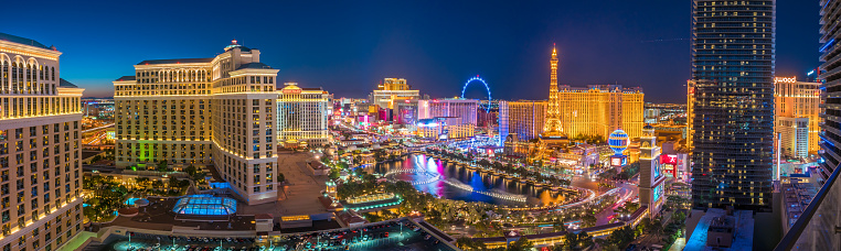 Las Vegas,  Nevada, United States - September 27, 2023: Casinos and Shops along the Las Vegas Strip in warm evening light