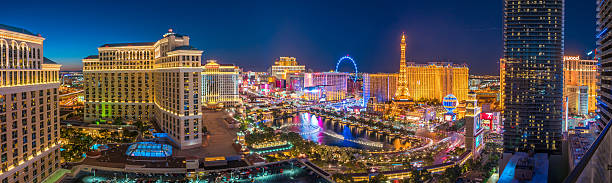 Aerial view of Las Vegas strip in Nevada LAS VEGAS, USA - JULY 14 : World famous Vegas Strip in Las Vegas, Nevada as seen at night on July 14, 2016 in Las Vegas, USA panoramic stock pictures, royalty-free photos & images