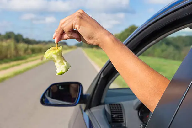 Female arm throwing  fruit waste out of car window. In this photo the young dutch woman is showing what some people use to do: throw garbage in nature. The apple core is symbol for trash. Concept for environment , bad behavior, disrespectful,environmental, pollution, criminal.