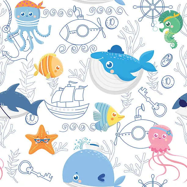 Vector illustration of Seamless pattern with funny sea animals.