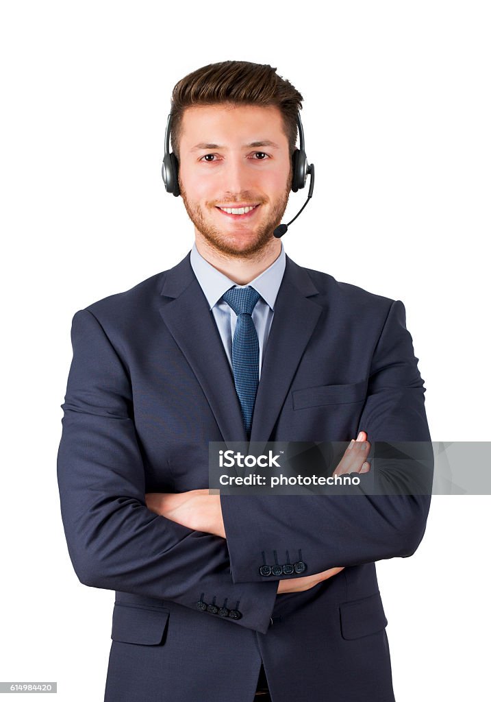 Smiling call center employee on white background isolated Customer Service Representative Stock Photo
