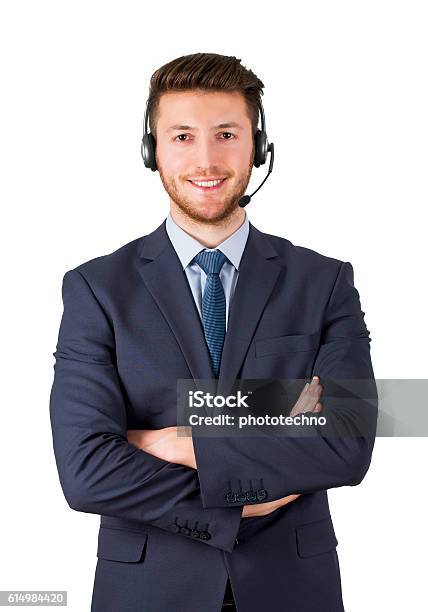 Smiling Call Center Employee On White Background Isolated Stock Photo - Download Image Now