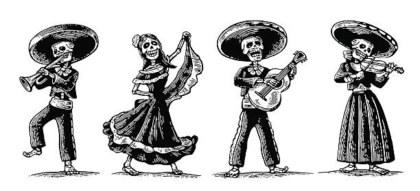 ilustrações, clipart, desenhos animados e ícones de dia dos mortos. o esqueleto em trajes nacionais mexicanos - ballad