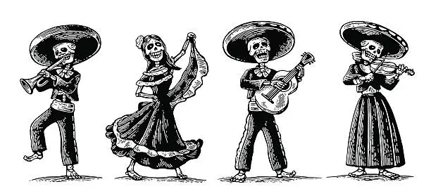 Vector illustration of Day of the Dead. The skeleton in Mexican national costumes