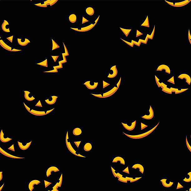 Seamless pattern with lit Jack-O-Lantern faces on black. Vector illustration. Vector seamless pattern with lit Jack-O-Lantern faces on a black background. ugly smiley face backgrounds stock illustrations
