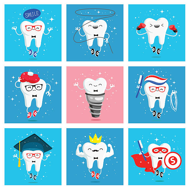 illustrations, cliparts, dessins animés et icônes de ensemble d’icônes amusantes de dents - human teeth dental hygiene dentist office human mouth