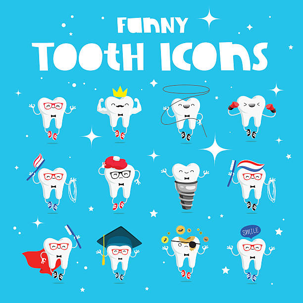 Set of funny icons of teeth Set of funny icons of teeth. Vector illustration on a blue background. Concept of children's dentistry. Excellent dental card. Cute character. Caries prevention. animal jaw bone stock illustrations