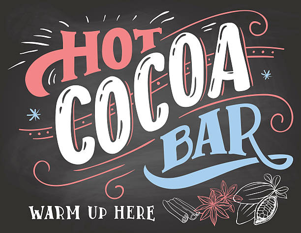 Hot cocoa bar sign on chalkboard background Hot cocoa bar, warm up here. Hand lettering chalkboard cafe sign on blackboard background with color chalk. Advertising of hot drink with a mug and price hot chocolate stock illustrations