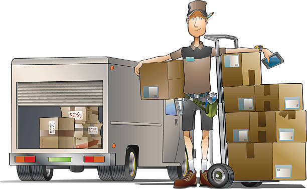 za pośrednictwem firmy kurierskiej - moving office relocation box hand truck stock illustrations