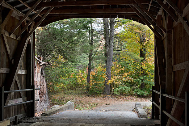 istock View from inside a wooden bridge onto fall foliage 614995930