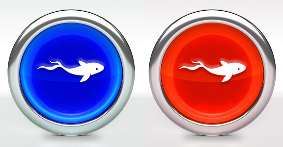 Fish Icon on Button with Metallic Rim. The icon comes in two versions blue and red and has a shiny metallic rim. The buttons have a slight shadow and are on a white background. The modern look of the buttons is very clean and will work perfectly for websites and mobile aps.