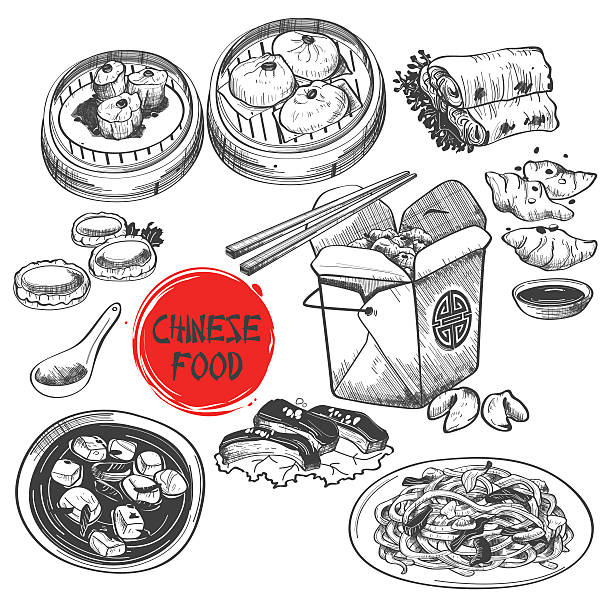 китайский дим сум блюдо в стиле чернил - dim sum stock illustrations