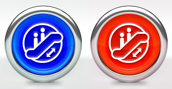 Escalator Icon on Button with Metallic Rim. The icon comes in two versions blue and red and has a shiny metallic rim. The buttons have a slight shadow and are on a white background. The modern look of the buttons is very clean and will work perfectly for websites and mobile aps.