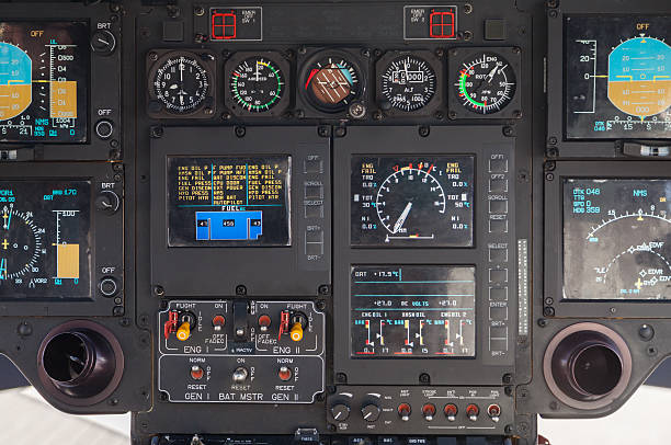 Berlin, Germany - June 3, 2016: cockpit in an airbus ec 135 helicopter from german army on airport schoenefeld, berlin / germany at june 3, 2016.