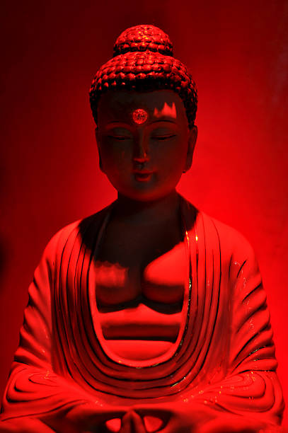 istock Budhha statue with red lighting in Jin De Yuan temple 615075002