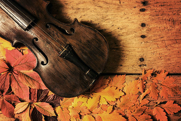 istock Old violin and autumn leaves over rustic wooden table 615075236