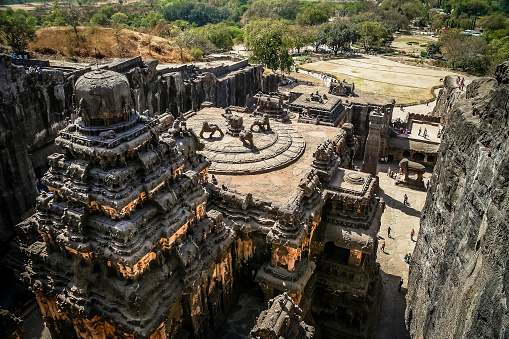 Enormous Jain temple carved out of a giant solid rock in Ellora, India