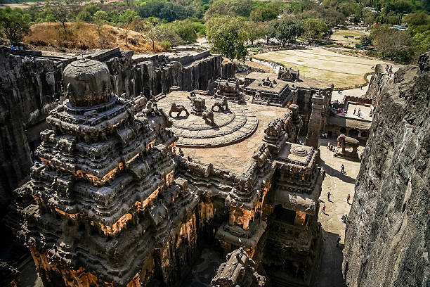 Ellora cave in India Enormous Jain temple carved out of a giant solid rock in Ellora, India aurangabad maharashtra photos stock pictures, royalty-free photos & images