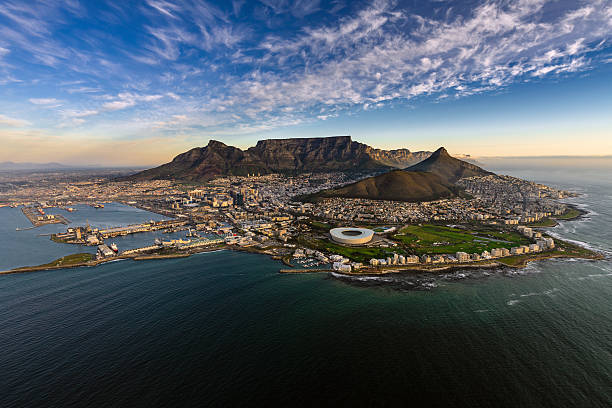 Table Mountain aerial Aerial shot of Table Mountain southern africa stock pictures, royalty-free photos & images
