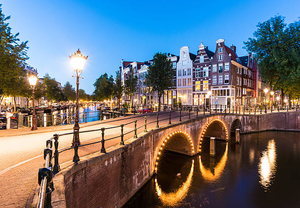 istock Illuminated Bridges at Twilight in Amsterdam Holland 615082070