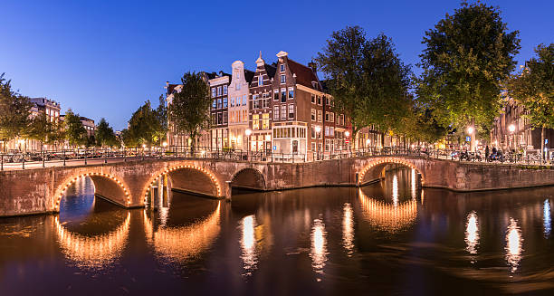 istock Illuminated Bridges at Twilight in Amsterdam Holland 615082384