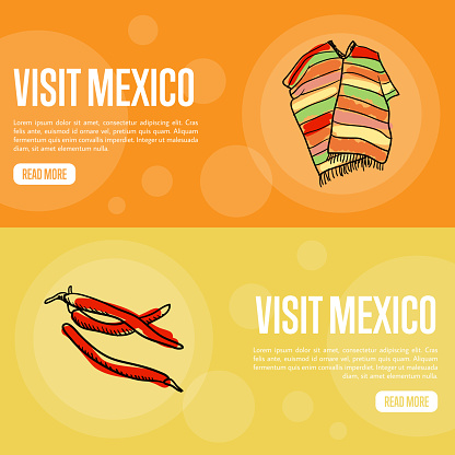 Visit Mexico banners. Bright poncho, red chilli peppers hand drawn vector illustrations on national colors backgrounds. Web templates with country related symbols. For travel company web page design