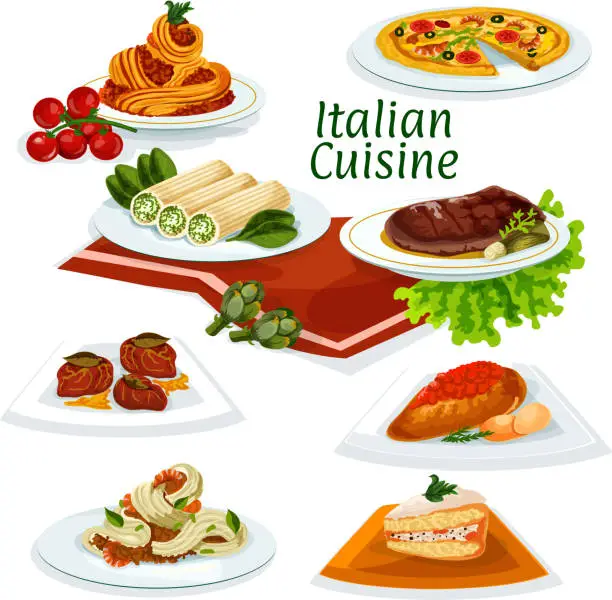 Vector illustration of Italian cuisine dinner with dessert cartoon icon