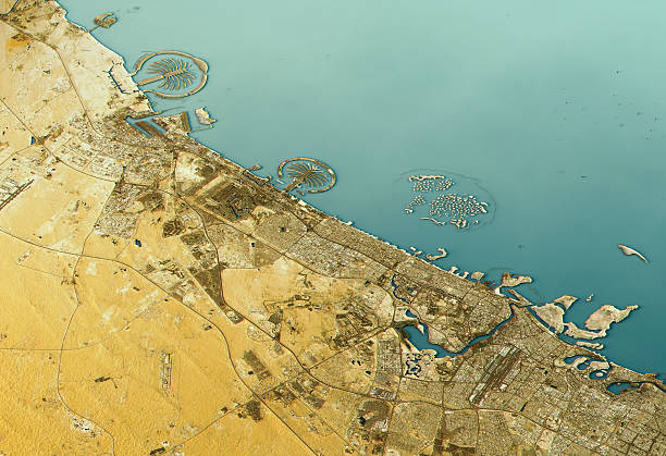 Dubai 3D Landscape View East-West Natural Color 3D Render of a Topographic Map of Dubai, U.A.E., Middle East, Persian Gulf. dubai island stock pictures, royalty-free photos & images