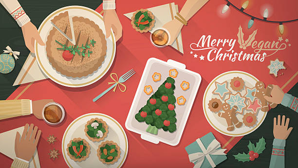 ilustrações de stock, clip art, desenhos animados e ícones de christmas vegan dinner - dinner friends christmas