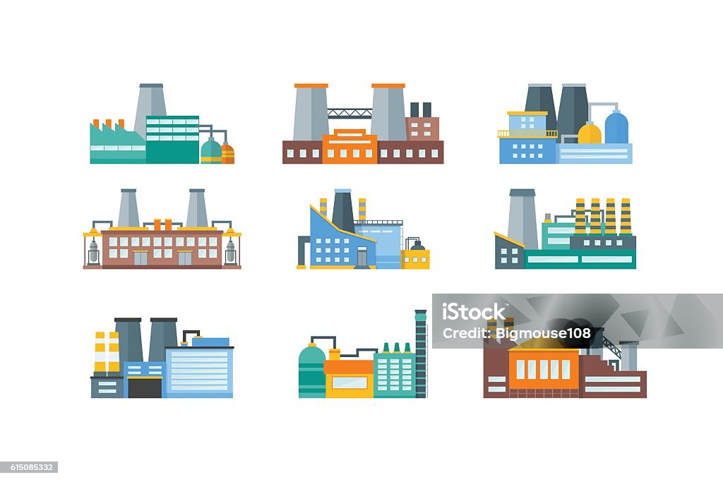Factory Flat Set. Vector Factory or Industrial Building Flat Design Style Set. Vector illustration Factory stock vector