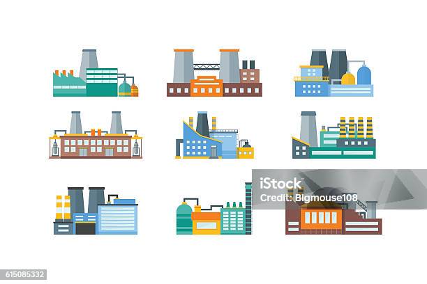 Factory Flat Set Vector Stock Illustration - Download Image Now - Factory, Illustration, Industry