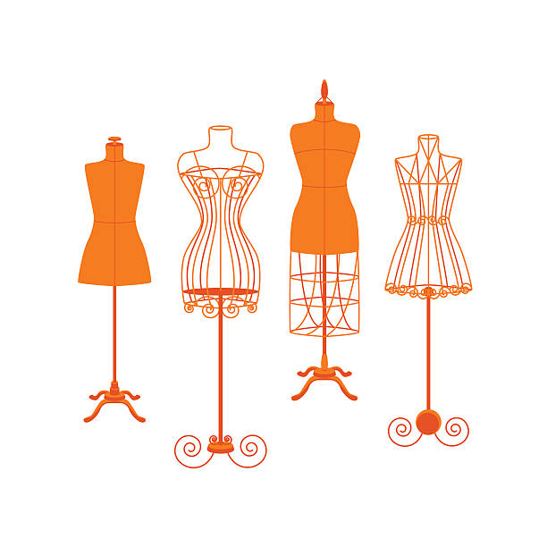 illustrazioni stock, clip art, cartoni animati e icone di tendenza di manichino vintage o manichini set di colori piatto. vettore - dress mannequin form old fashioned