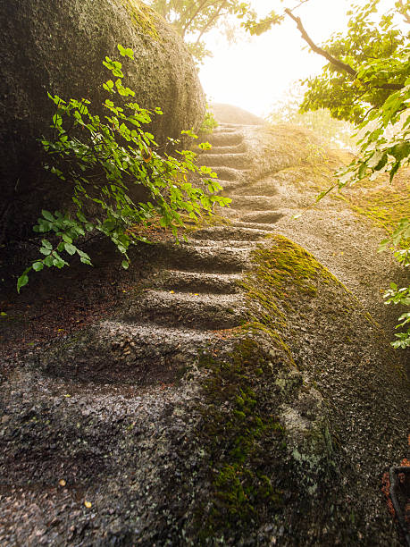 pasos naturales irregulares tallados en la roca de granito - stair rail fotografías e imágenes de stock