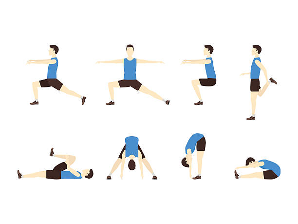 ilustrações, clipart, desenhos animados e ícones de conjunto de exercícios de alongamento com man flat. vetor - stretching yoga men good posture