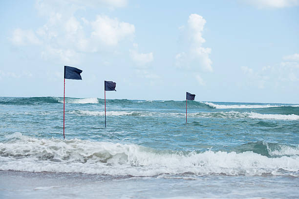 Flags sticking out from the stormy water of Mediterranean sea beach. Beach black flags are the warning sign of sea swimming / bathing prohibition. Water is closed to public use.