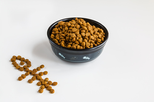 Dry cat food in black ceramic bowl and fish made from dry cat food on white background. For concept of design for cats and cat food.