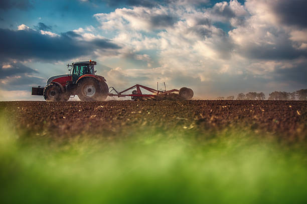 istock Farmer in tractor preparing land with seedbed cultivator 615090480