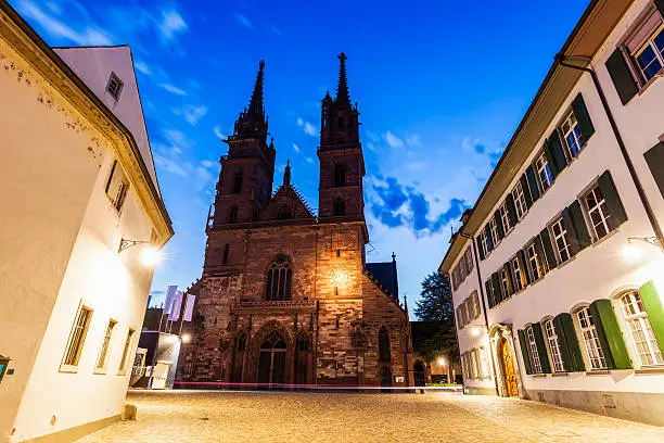 Basel Minster at night. Basel, Basel-Stadt, Switzerland.