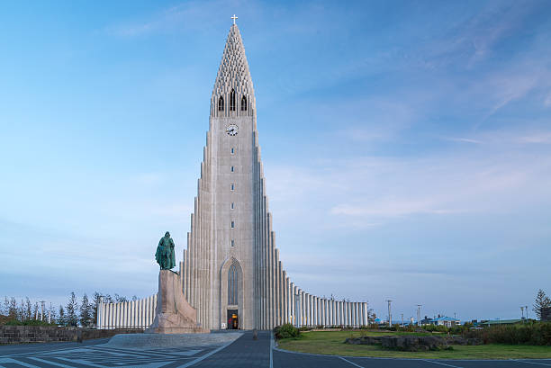Evening view of famous Hallgrimskirkja church, Reykjavik, Iceland. stock photo